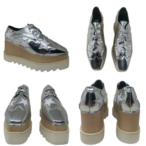 Stella McCartney Elyse Metallic Mirrored Silver Star Patches Vegan Platforms 6 - Picture 12 of 13